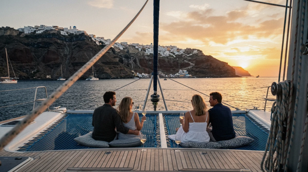 Guests on the front deck of a small-group boat at sunset on a Santorini catamaran cruise