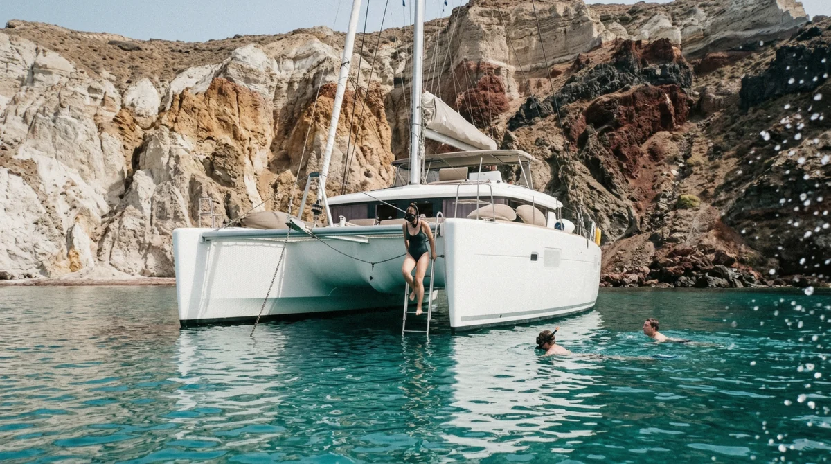 A catamaran anchored below volcanic cliffs at a swim stop on a Santorini catamaran cruise